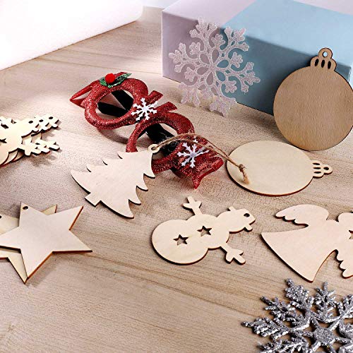 Tmflexe 50 Pcs Unfinished Paintable Blank Wooden Christmas Festival Decoration Ornaments, Xmas Tree Hanging Wood Slices for Kids DIY Art Crafts, 5 Designs-Christmas Tree, Snowman, Stars, Angel, Round - Image 3