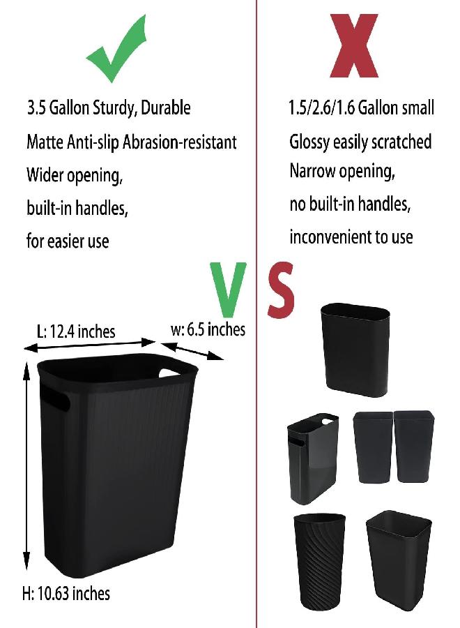 rejomiik Small Trash Can, 3.5 Gallon Garbage Can Slim Waste Basket Plastic Trash Bin Container with Handles for Bathroom, Bedroom, Office, Home, Dorm Room, Kitchen, Rectangular Black - Image 2