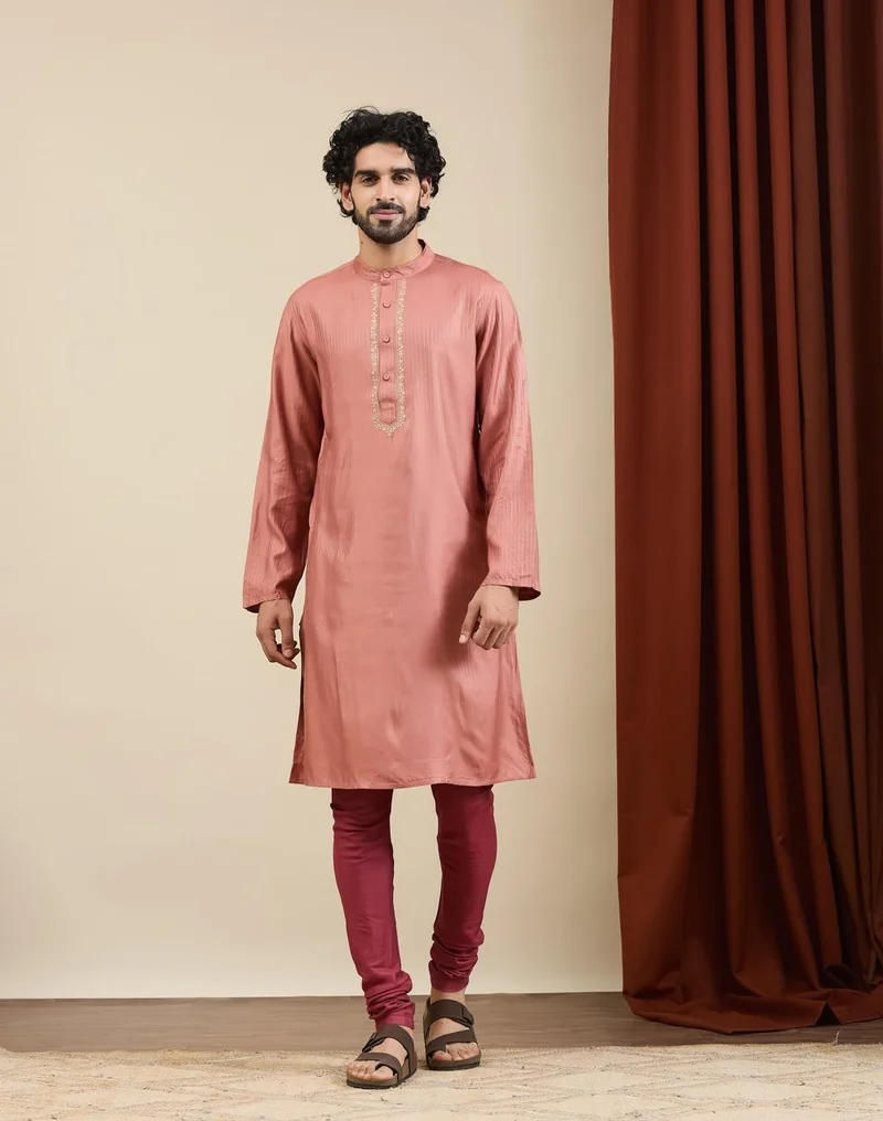 Fabindia Peach Viscose Silk Blend Slim Fit Dobby Long Kurta