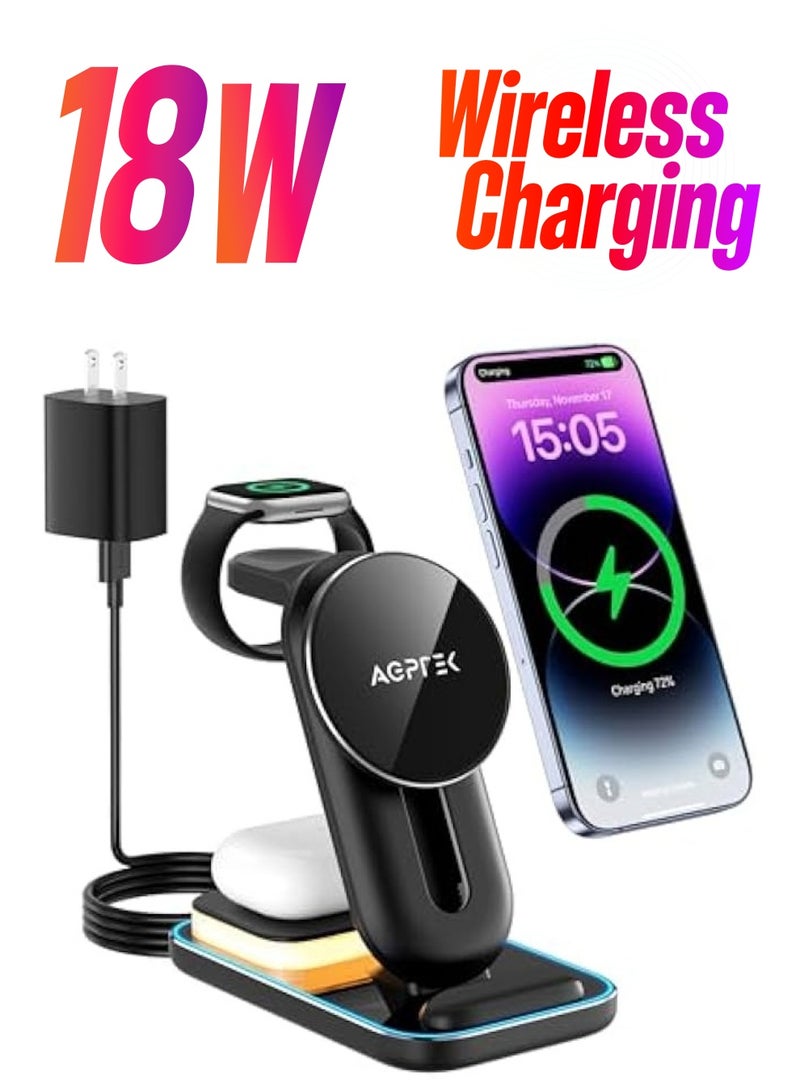 AGPtek 3 in 1 Wireless Charger, Mag -safe Magnetic Charger  Wireless Charging Station 18W Adapter - Image 1