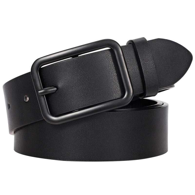 WERFORU Women Classic Black Leather Belt With Square Black Buckle For Jeans Pants,1.3" width - Image 1