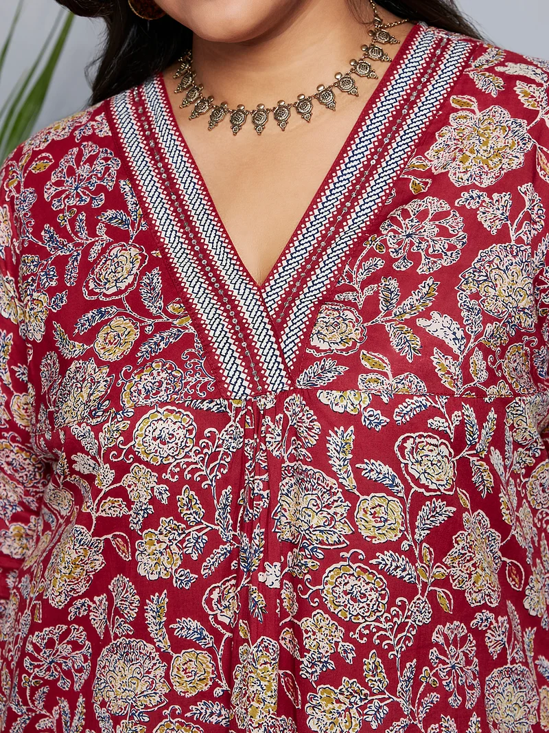 globus Globus Gloplus Women V-Neck Allover Floral Print Pleated Straight Plus Size Workwear Kurta