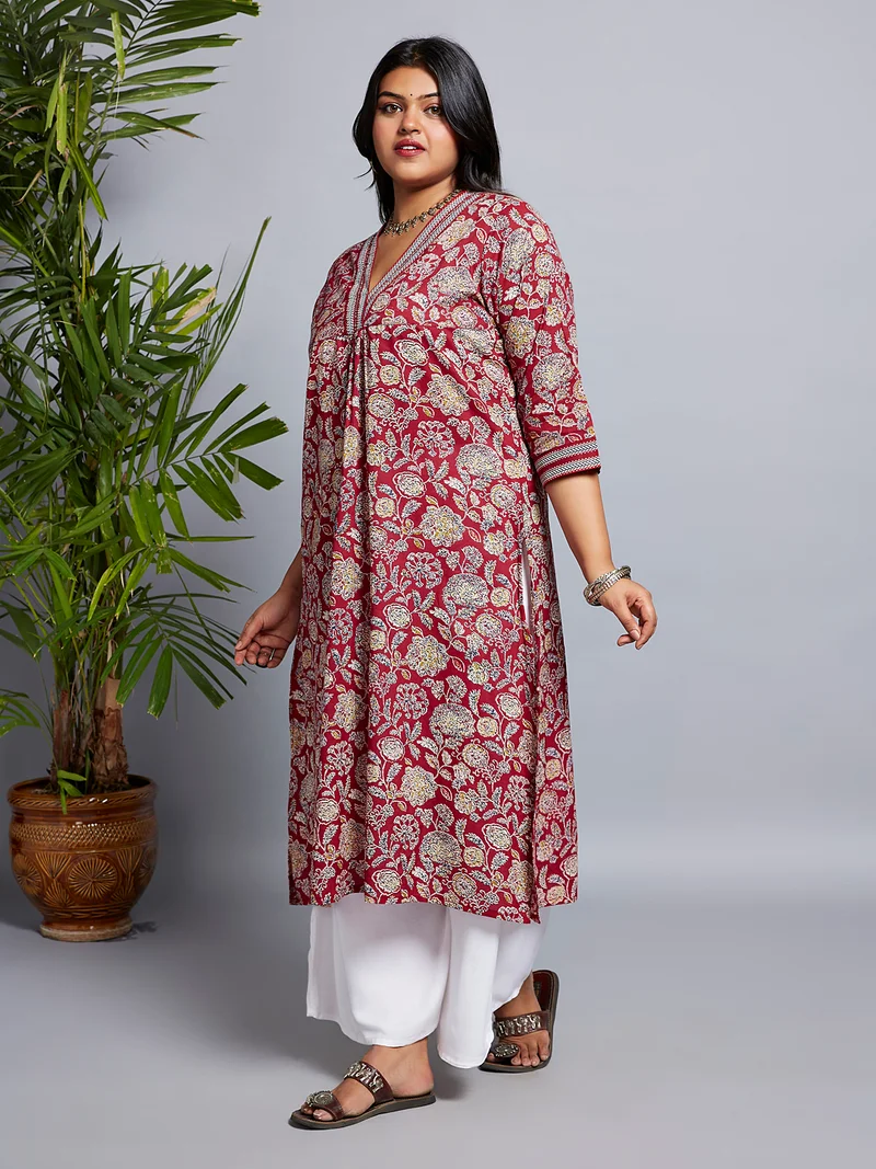 globus Gloplus Women V-Neck Allover Floral Print Pleated Straight Plus Size Workwear Kurta