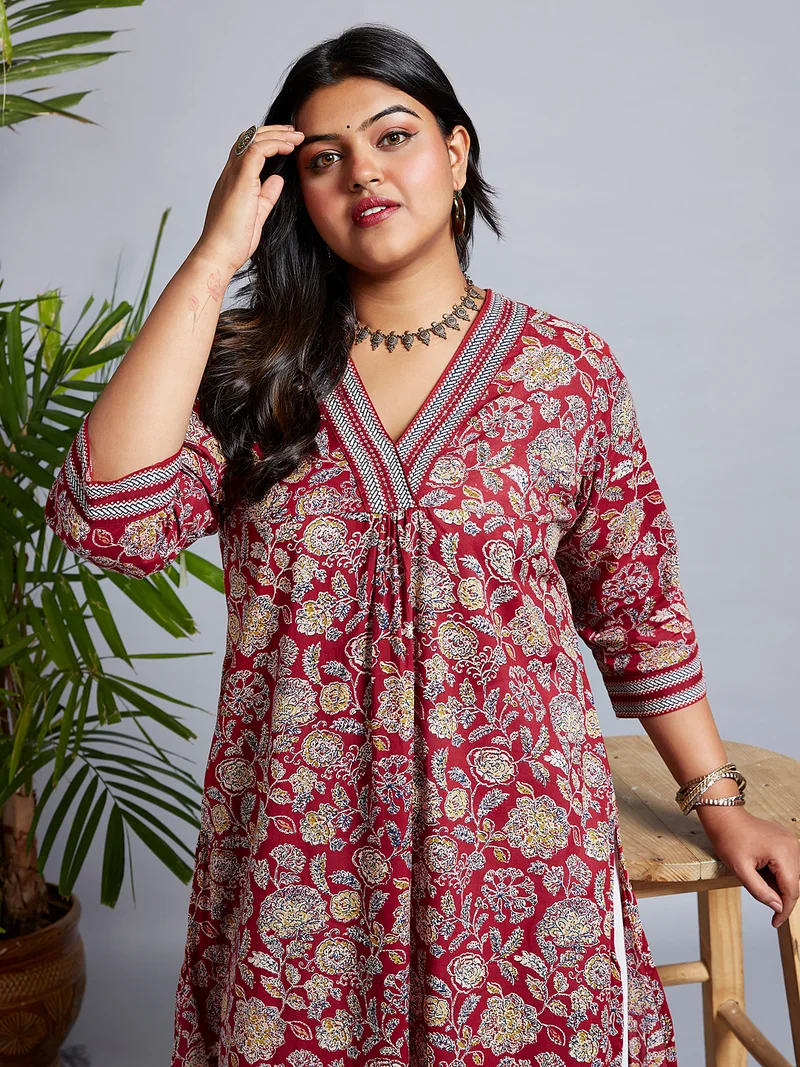 globus Globus Gloplus Women V-Neck Allover Floral Print Pleated Straight Plus Size Workwear Kurta