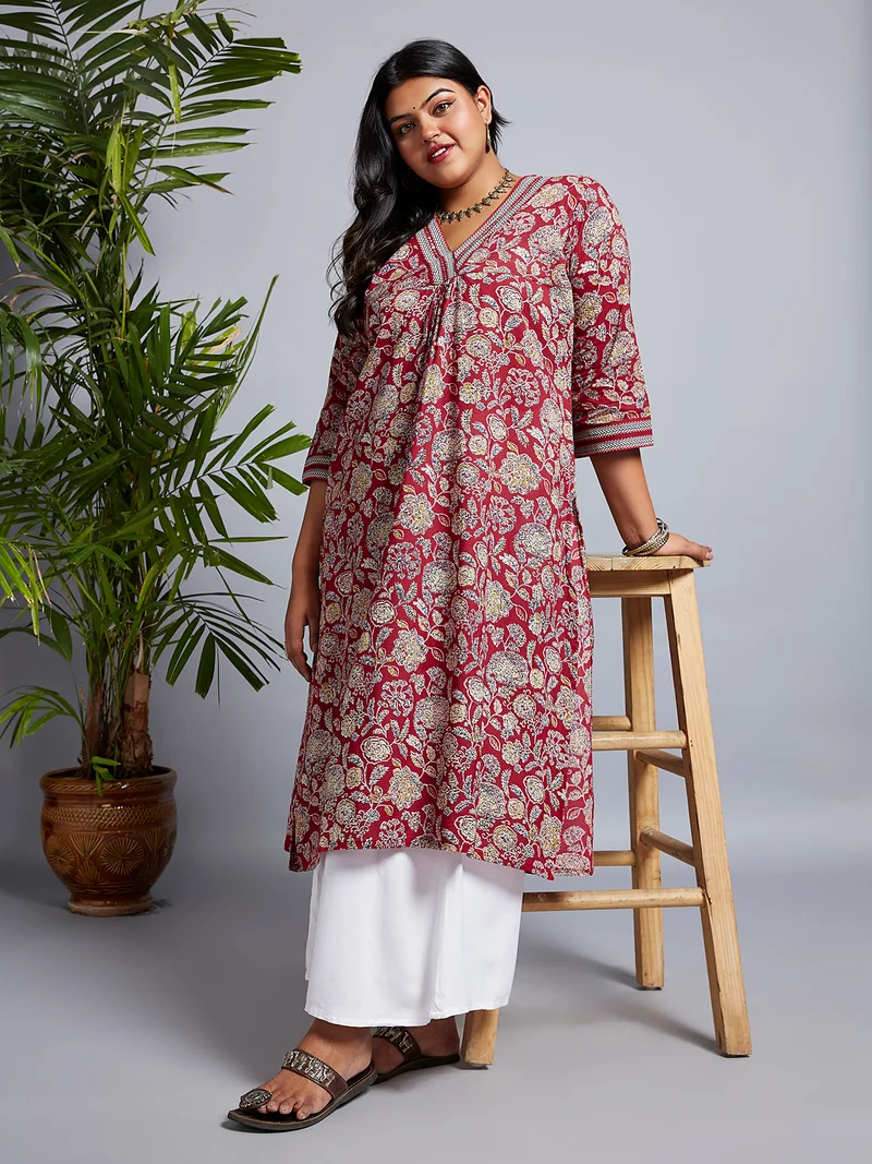 globus Gloplus Women V-Neck Allover Floral Print Pleated Straight Plus Size Workwear Kurta