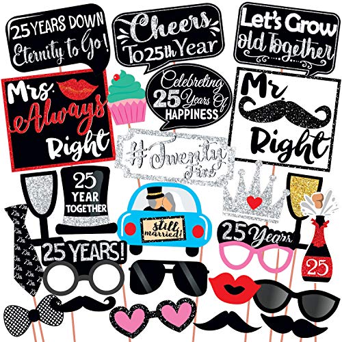 Wobbox 25th Anniversary Photo Booth Party Props DIY Kit, Red Gliter & Black, Anniversary Party Decoration - Image 1