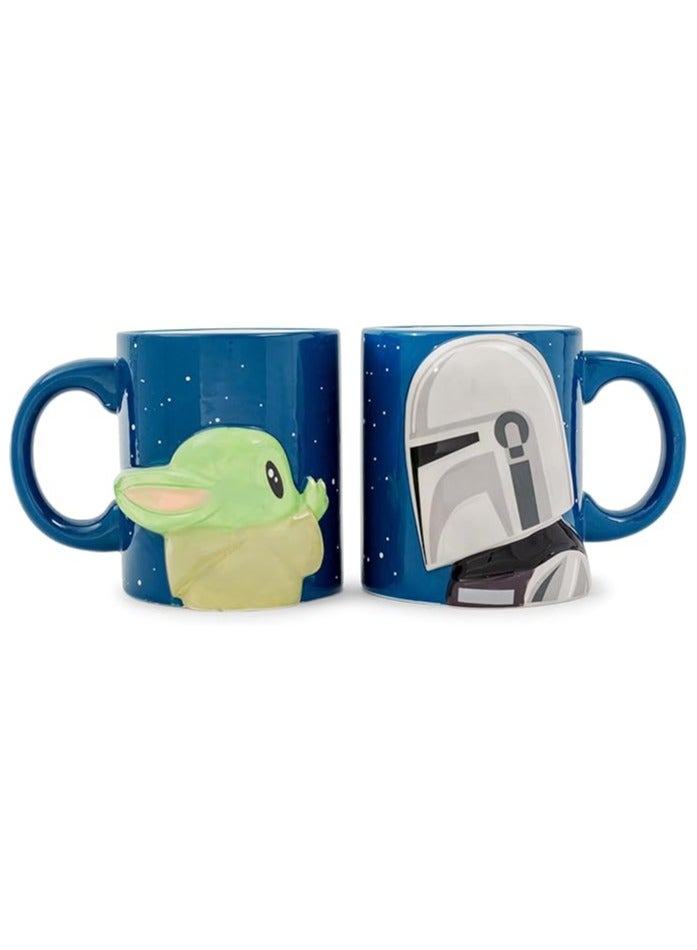 NATIONAL GIFT WORLD COMMERCIAL Silver Buffalo Star Wars The Mandalorian 3D Ceramic Mug Set, 2-Piece, 20 oz, Blue - Image 1