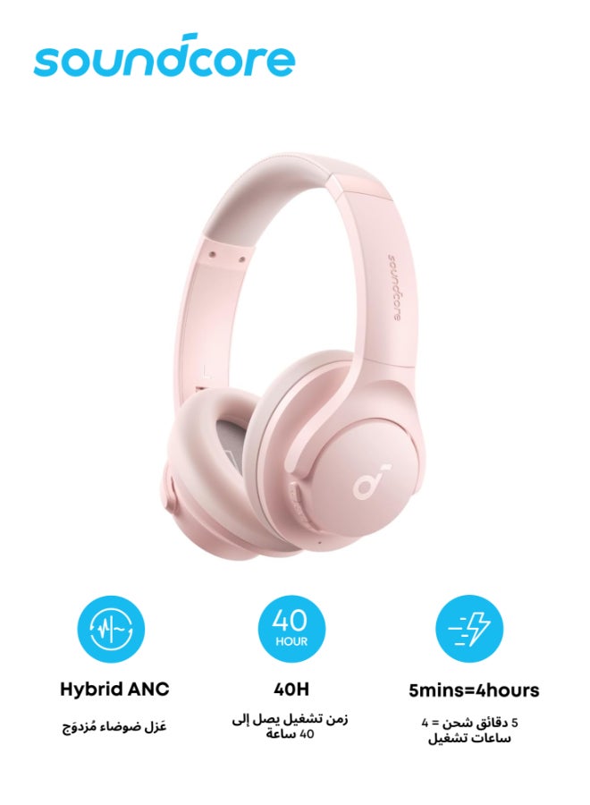 Anker Q20i Hybrid Active Noise Cancelling Headphones, Wireless Over-Ear Bluetooth, 40H Long ANC Playtime, Hi-Res Audio, Big Bass, Customize via an App, Transparency Mode Pink 1