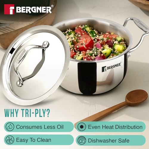 Bergner Argent Junior Chef Triply Mini Casserole Set 6 Pcs - 14cm/1.2L, 16cm/1.6L, 18cm/2L Casseroles and 3 Stainless Steel Lids, Cook and Serve, Less Oil Use - Induction and Gas Stove Ready - Image 4