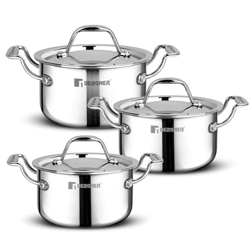 Bergner Argent Junior Chef Triply Mini Casserole Set 6 Pcs - 14cm/1.2L, 16cm/1.6L, 18cm/2L Casseroles and 3 Stainless Steel Lids, Cook and Serve, Less Oil Use - Induction and Gas Stove Ready - Image 1