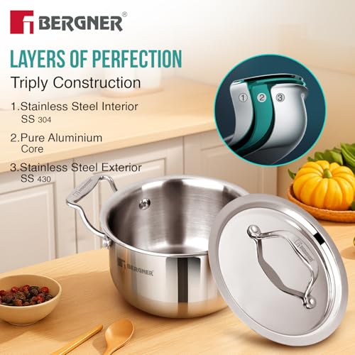 Bergner Argent Junior Chef Triply Mini Casserole Set 6 Pcs - 14cm/1.2L, 16cm/1.6L, 18cm/2L Casseroles and 3 Stainless Steel Lids, Cook and Serve, Less Oil Use - Induction and Gas Stove Ready - Image 3