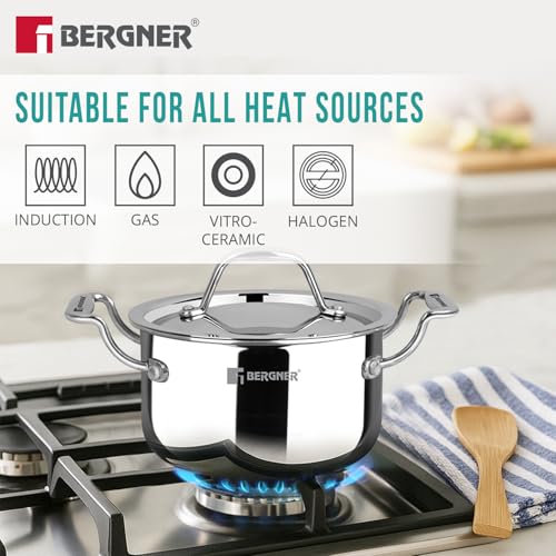 Bergner Argent Junior Chef Triply Mini Casserole Set 6 Pcs - 14cm/1.2L, 16cm/1.6L, 18cm/2L Casseroles and 3 Stainless Steel Lids, Cook and Serve, Less Oil Use - Induction and Gas Stove Ready - Image 5