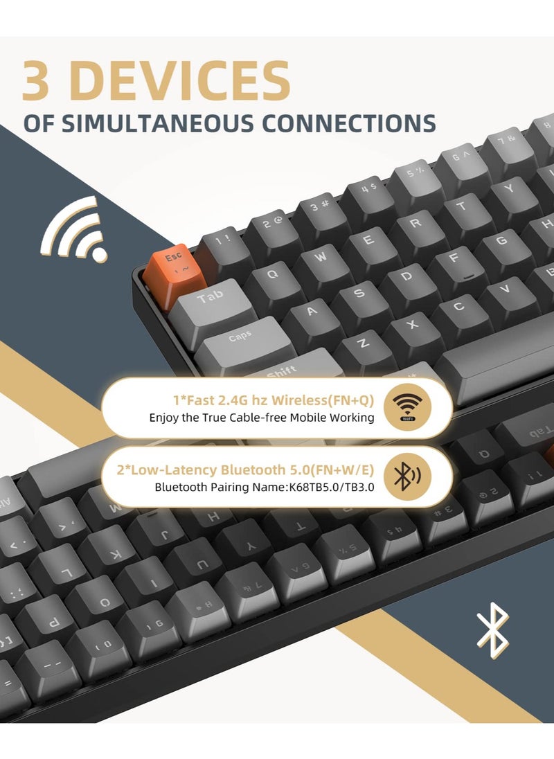 ZIYOULANG - K68 Wireless Mechanical Keyboard Bluetooth Dual Mode Hot-Swappable Mini 68-Key Red Switch for PC PS4 Xbox iPhone iPad - Image 1