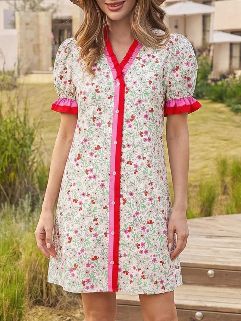 Wenrine Womens Summer Mini Dresses Casual Floral Puff Short Sleeve V Neck Button Down Ruffle Beach Sundress with Pockets Pink - Image 3