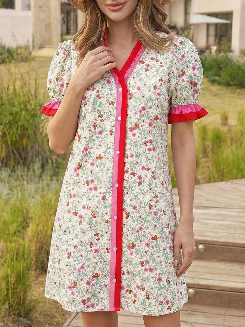 Wenrine Womens Summer Mini Dresses Casual Floral Puff Short Sleeve V Neck Button Down Ruffle Beach Sundress with Pockets Pink - Image 4