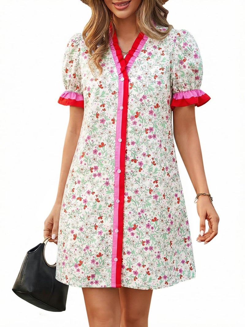 Wenrine Womens Summer Mini Dresses Casual Floral Puff Short Sleeve V Neck Button Down Ruffle Beach Sundress with Pockets Pink - Image 1