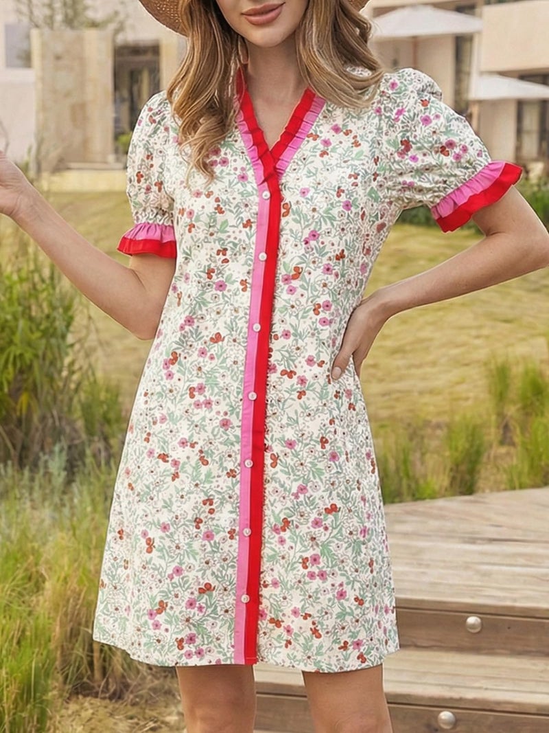 Wenrine Womens Summer Mini Dresses Casual Floral Puff Short Sleeve V Neck Button Down Ruffle Beach Sundress with Pockets Pink - Image 2