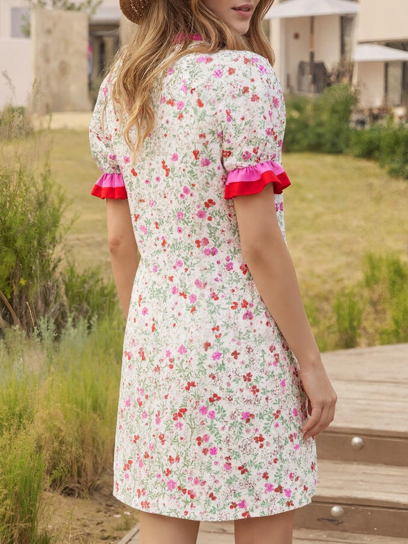Wenrine Womens Summer Mini Dresses Casual Floral Puff Short Sleeve V Neck Button Down Ruffle Beach Sundress with Pockets Pink - Image 5