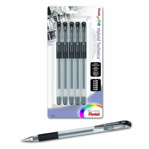 Pentel Arts Hybrid Technica Gel Pen with Assorted Tip Sizes, Black Ink, Pack of 5 (KN10BP5A) - Image 1