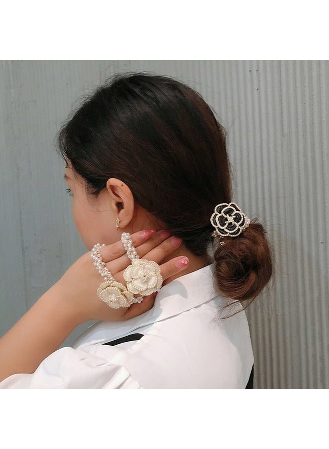Xiwstar 3Pcs Elastic Beaded Bracelet Bow Hair Tie Bands Crystal Rhinestone Flower Hair Scrunchies Pigtail Ties Ponytail Holder Bowknot Headband Hairband for Women Girls Hair Accessories (Floral) - Image 2