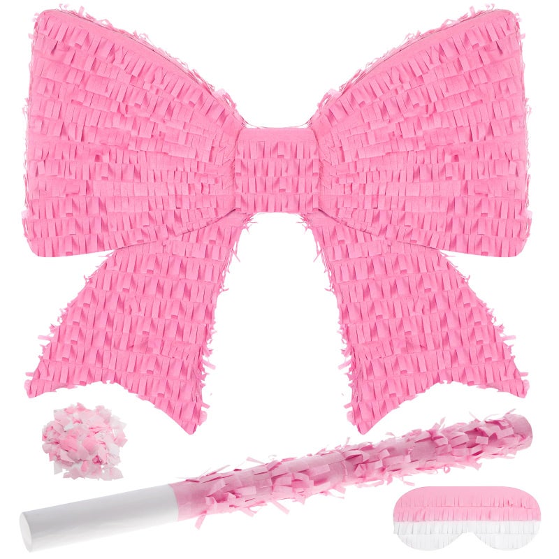 Hungdao Pink Bow Piata for Girl Birthday Party Pinatas Party Decorative Bowtie Piata with Wooden Stick Blindfold Confetti Set Pink Coquette Birthday Baby School Wedding SuppliesClassic Bow - Image 3
