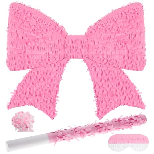 Hungdao Pink Bow Piata for Girl Birthday Party Pinatas Party Decorative Bowtie Piata with Wooden Stick Blindfold Confetti Set Pink Coquette Birthday Baby School Wedding SuppliesClassic Bow - Image 1