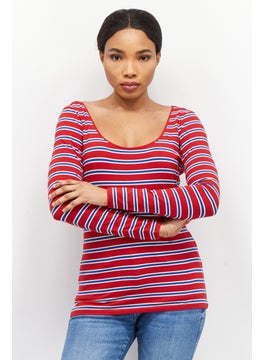 ESPRIT Women Scoop Neck Long Sleeve Stripe Top, Red  - Image 1