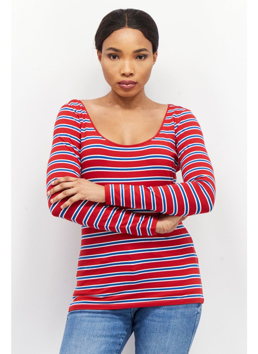 ESPRIT Women Scoop Neck Long Sleeve Stripe Top, Red  - Image 1