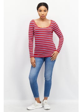 ESPRIT Women Scoop Neck Long Sleeve Stripe Top, Red  - Image 2