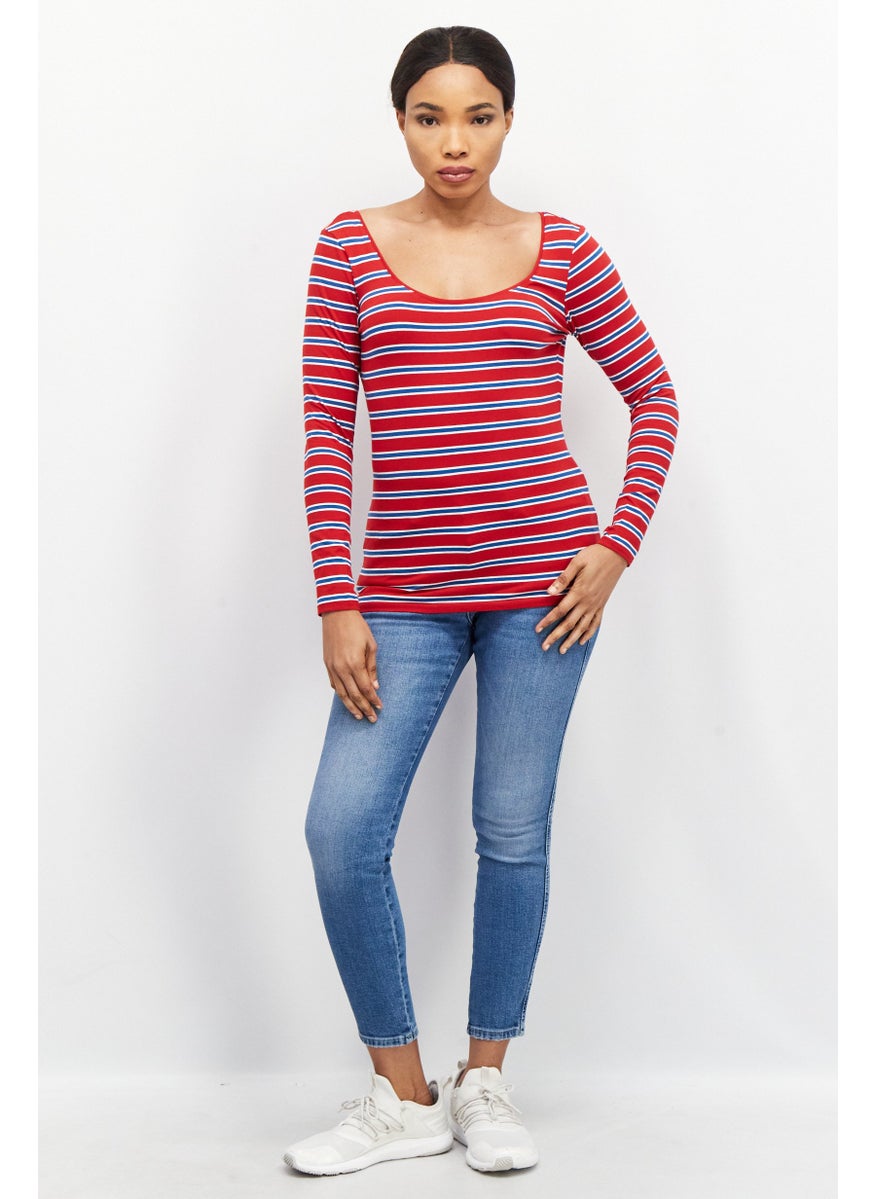 ESPRIT Women Scoop Neck Long Sleeve Stripe Top, Red  - Image 2