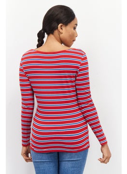 ESPRIT Women Scoop Neck Long Sleeve Stripe Top, Red  - Image 3