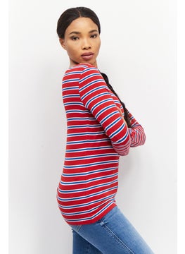 ESPRIT Women Scoop Neck Long Sleeve Stripe Top, Red  - Image 4