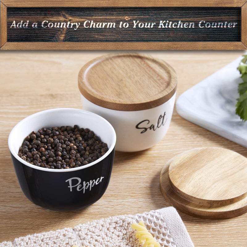 DAYYET Salt and Pepper Bowls, 10 oz Salt Cellar with Lid, Stacked Ceramic Salt Pepper Container with Acacia Wood Lid, Salt Box for Countertop, Black and White Kitchen Decor, Set of 2 - Image 2