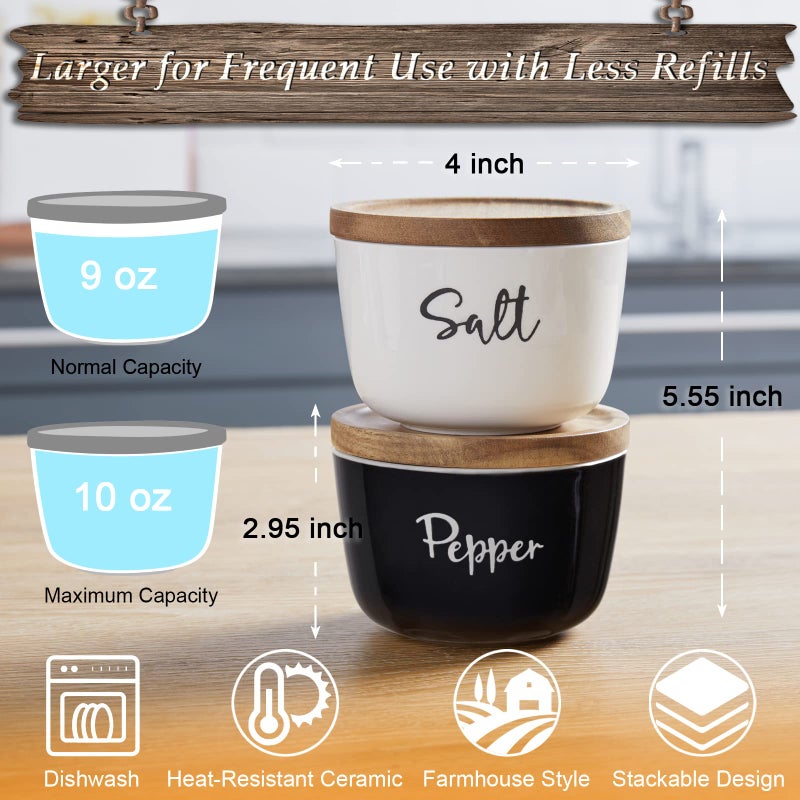 DAYYET Salt and Pepper Bowls, 10 oz Salt Cellar with Lid, Stacked Ceramic Salt Pepper Container with Acacia Wood Lid, Salt Box for Countertop, Black and White Kitchen Decor, Set of 2 - Image 3