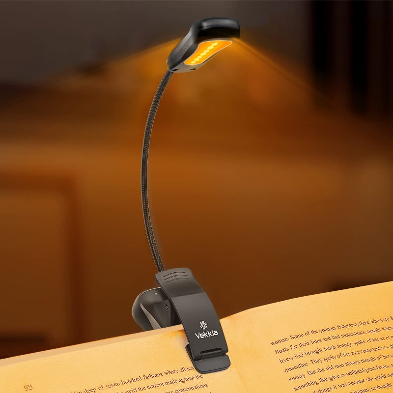 Vekkia Amber Rechargeable 7 Led Eye Care Book Light with Blue Light Blocking 3 Levels 1600K for Eye Friendly Use Offers Up to 70 Hours of Reading