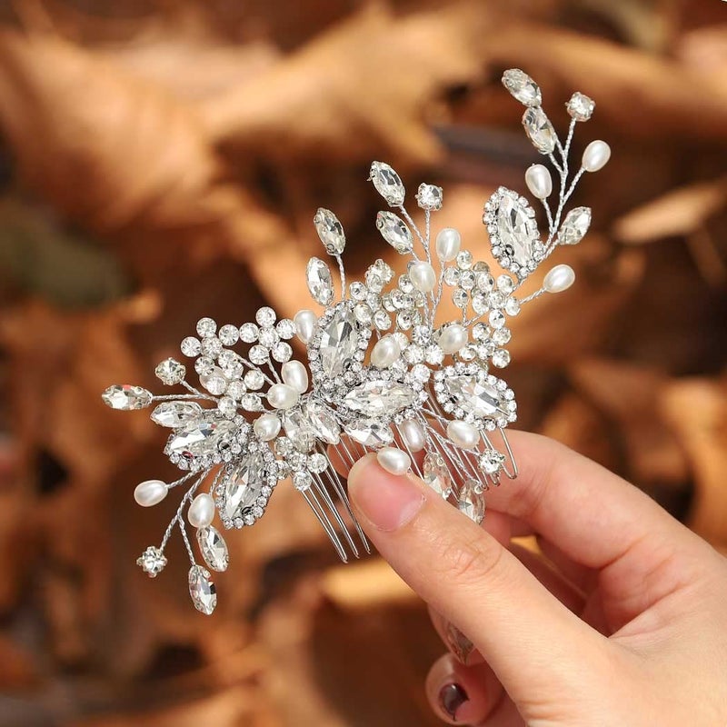 Casdre Crystal Bride Wedding Hair Comb Pearl Bridal Hair Piece Hair Accessories for Women and Girls (A Silver) - Image 2