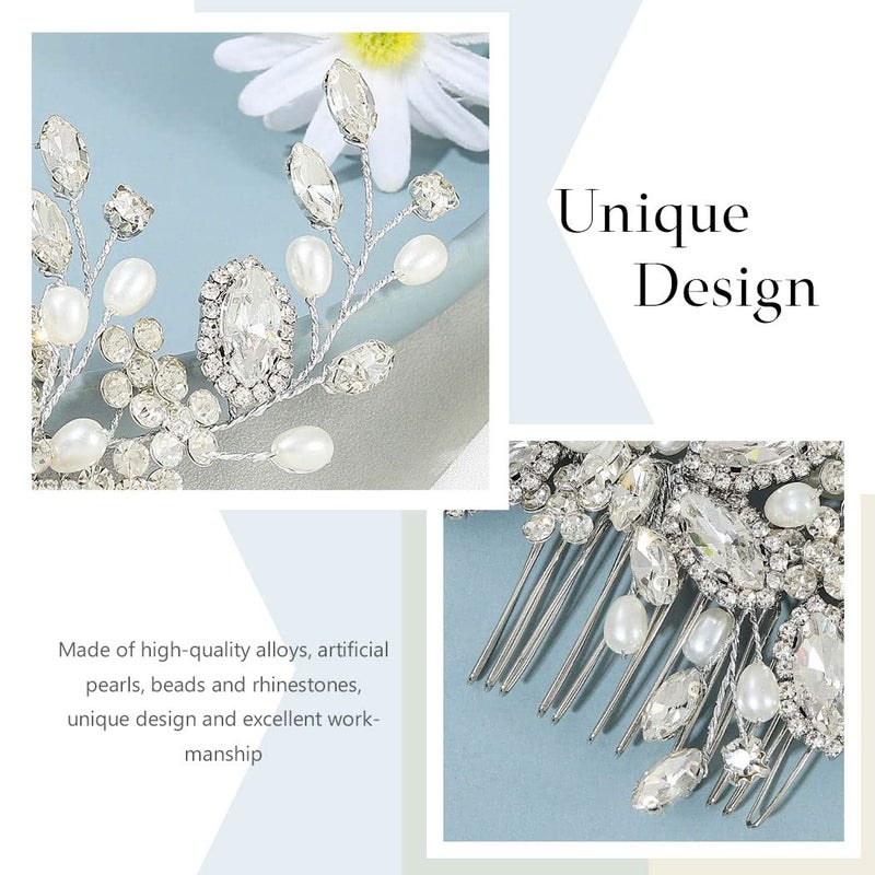 Casdre Crystal Bride Wedding Hair Comb Pearl Bridal Hair Piece Hair Accessories for Women and Girls (A Silver) - Image 3