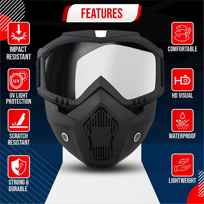 BTfash Goggle Mask Anti Scratch UV Protective Open Face & Eyewear Windproof Dirt Shield Adjustable Strap Soft Foam Padded Detachable for Cycling Bike Off Road Racing Riding Unisex (Transparent) - Image 2