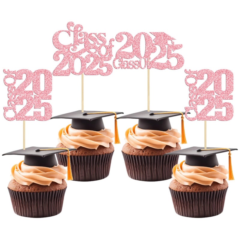 Ephlyn 30 Pack 2025 Graduation Theme Cupcake Toppers Glitter Class of 2025 Cupcake Picks Graduation Cap Cake Decorations for 2025 Graduation Theme Party Supplies Pink - Image 1