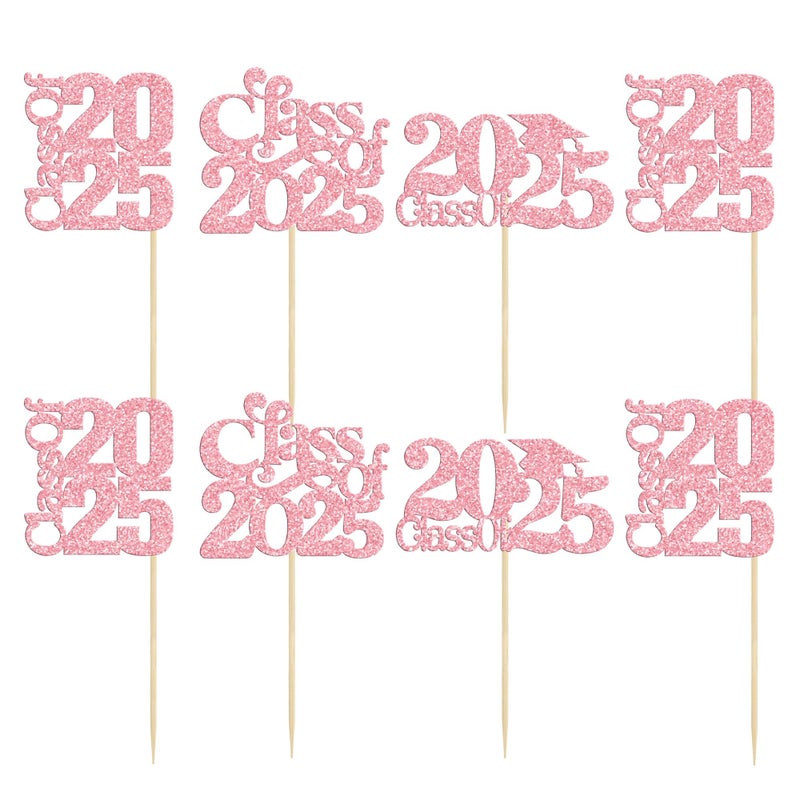 Ephlyn 30 Pack 2025 Graduation Theme Cupcake Toppers Glitter Class of 2025 Cupcake Picks Graduation Cap Cake Decorations for 2025 Graduation Theme Party Supplies Pink - Image 3