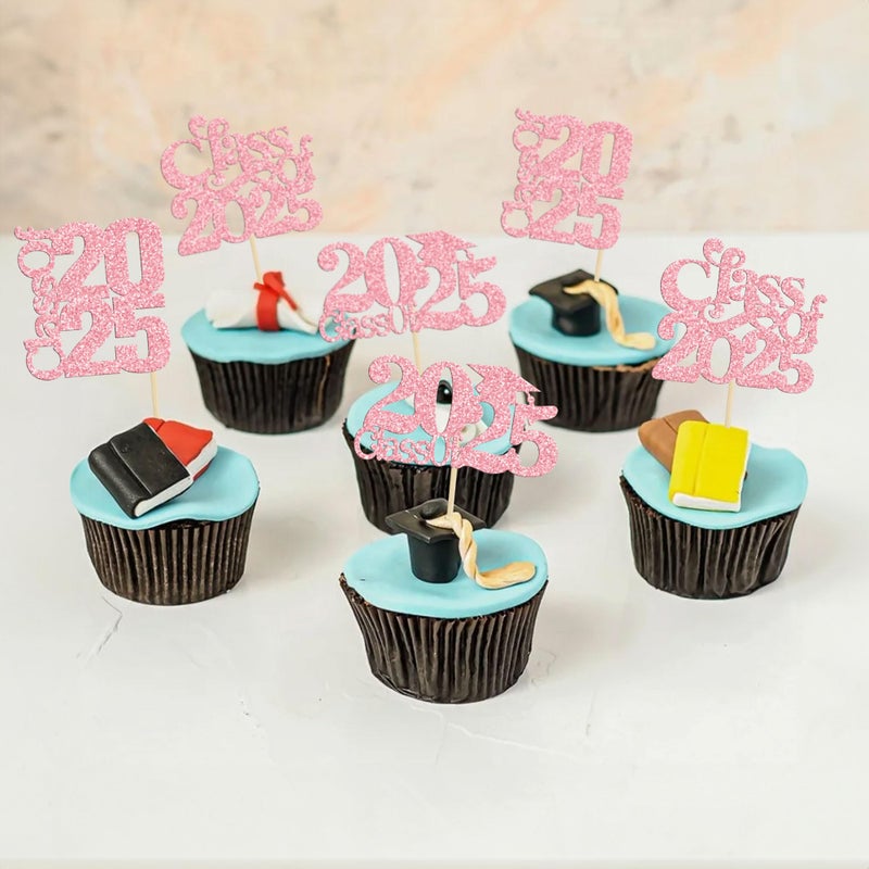 Ephlyn 30 Pack 2025 Graduation Theme Cupcake Toppers Glitter Class of 2025 Cupcake Picks Graduation Cap Cake Decorations for 2025 Graduation Theme Party Supplies Pink - Image 4