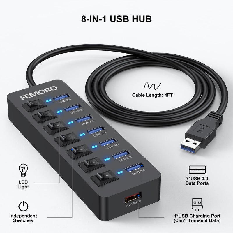 FEMORO محور USB مزود بالطاقة 3.0، نقل بيانات بسرعة 5Gbps، 7 منافذ وشحن فقط 1 منفذ مع محول طاقة 5V/3A، كابل بطول 4 أقدام ومفاتيح فردية للكمبيوتر المحمول، الكمبيوتر الشخصي، محرك فلاش، SSD خارجي، HDD، لوحة المفاتيح، الفأرة - Image 5