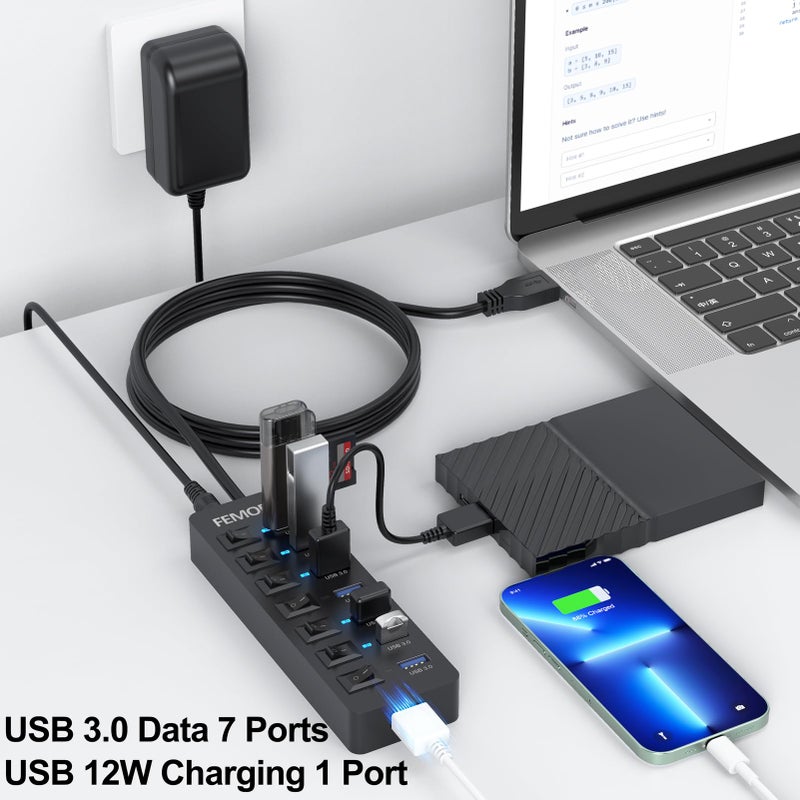 FEMORO محور USB مزود بالطاقة 3.0، نقل بيانات بسرعة 5Gbps، 7 منافذ وشحن فقط 1 منفذ مع محول طاقة 5V/3A، كابل بطول 4 أقدام ومفاتيح فردية للكمبيوتر المحمول، الكمبيوتر الشخصي، محرك فلاش، SSD خارجي، HDD، لوحة المفاتيح، الفأرة - Image 2