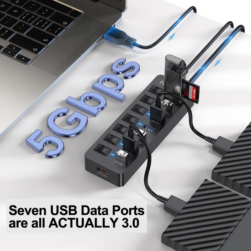 FEMORO محور USB مزود بالطاقة 3.0، نقل بيانات بسرعة 5Gbps، 7 منافذ وشحن فقط 1 منفذ مع محول طاقة 5V/3A، كابل بطول 4 أقدام ومفاتيح فردية للكمبيوتر المحمول، الكمبيوتر الشخصي، محرك فلاش، SSD خارجي، HDD، لوحة المفاتيح، الفأرة - Image 3