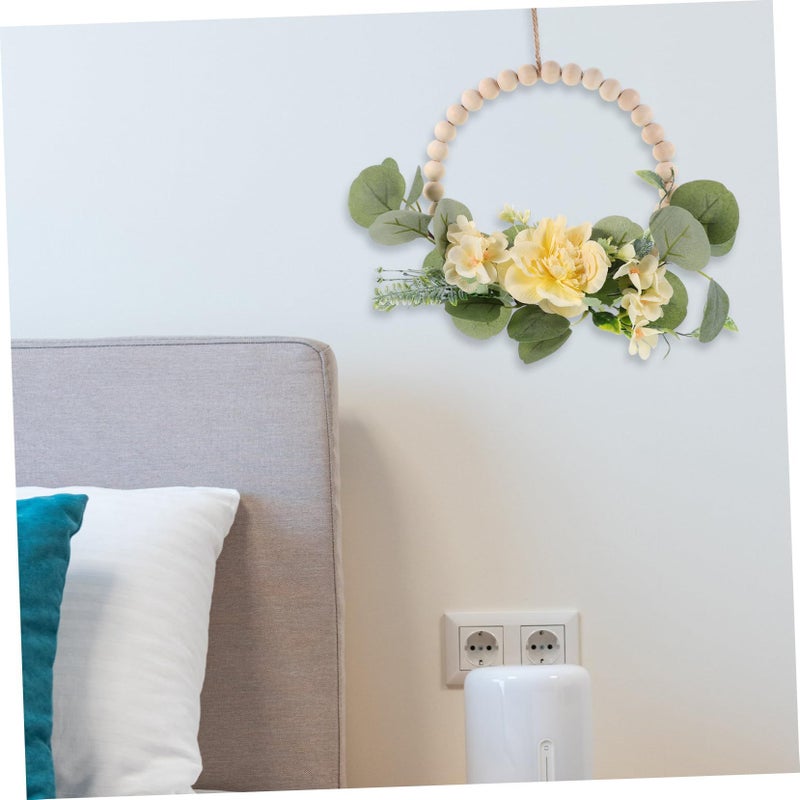 Wood Beads Wreath with Artificial Flowers Rustic Door Hanging Decor for Home Wedding and Seasonal Front Door - Image 5
