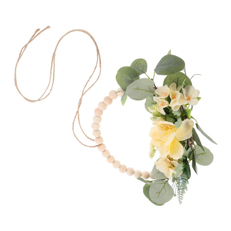 Wood Beads Wreath with Artificial Flowers Rustic Door Hanging Decor for Home Wedding and Seasonal Front Door - Image 2