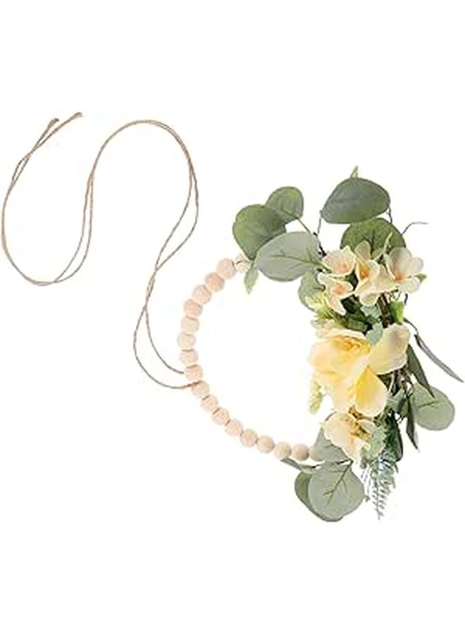 Wood Beads Wreath with Artificial Flowers Rustic Door Hanging Decor for Home Wedding and Seasonal Front Door - Image 1