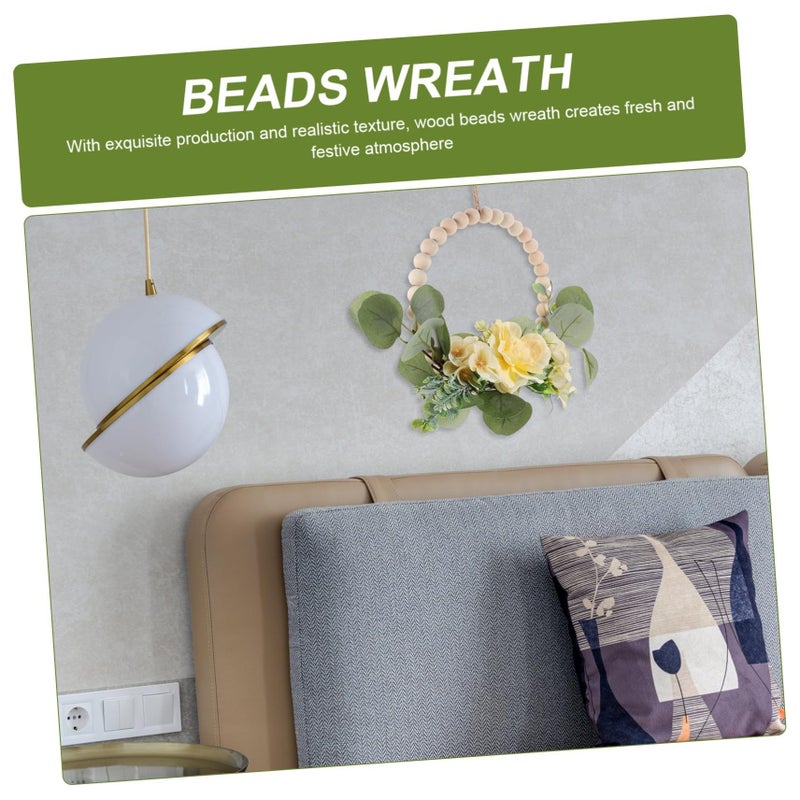 Wood Beads Wreath with Artificial Flowers Rustic Door Hanging Decor for Home Wedding and Seasonal Front Door - Image 4