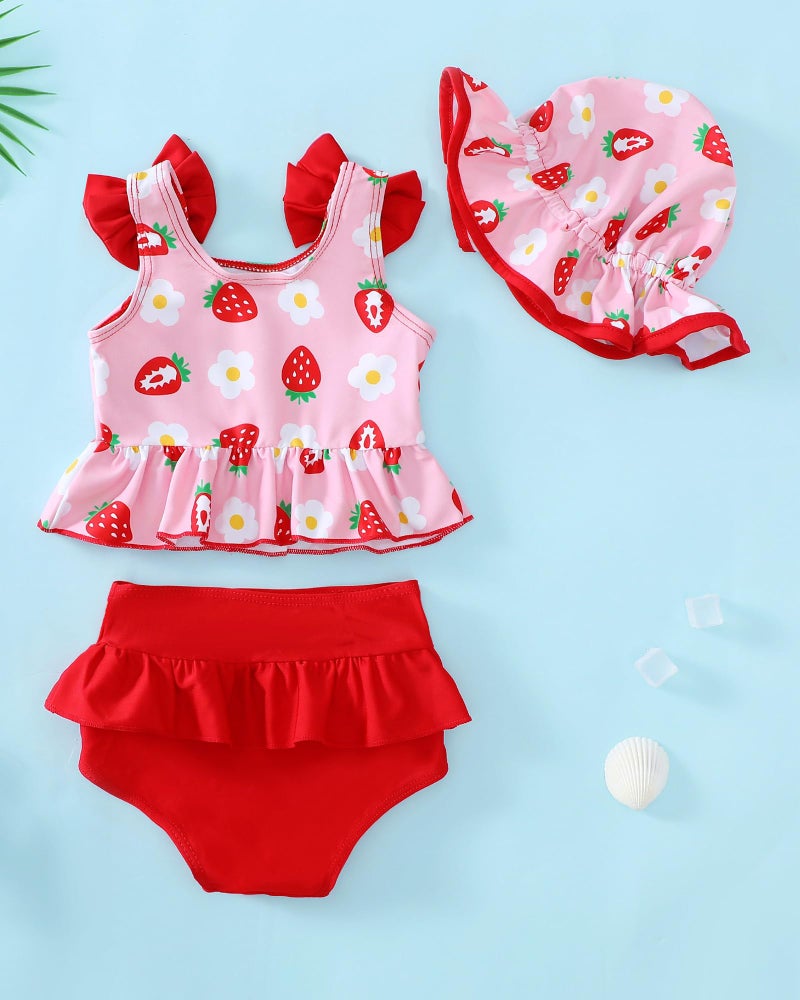Mioglrie Toddler Girl Bathing Suit Infant Baby Girl Swimsuit 18-24 Month 2 Piece Red Strawberry Baby Girl's Bikini Summer Swimwear Beach Tankini Outfits Set - Image 3