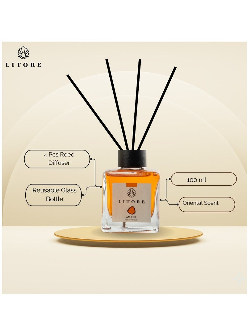 Litore Reed Diffuser - Amber Fragrance, 100ml | Long-Lasting Home Fragrance | Natural & Elegant Room Diffuser - Image 4